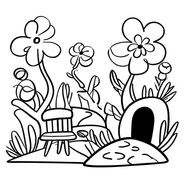 A whimsical scene with oversized flowers blooming. The flowers have intricate petals with spiraled shapes and delicate textures. In the background, there are fantastical trees with twisted trunks and swirling branches. Among the flowers, a small, ornate bench is placed at an angle, inviting visitors to rest. There's a winding path made of cobblestones leading through the lush vegetation. An archway made of intertwined vines and leaves is visible, hinting at further adventures in the fairytale setting. The overall composition combines various elements, creating a sense of enchantment.