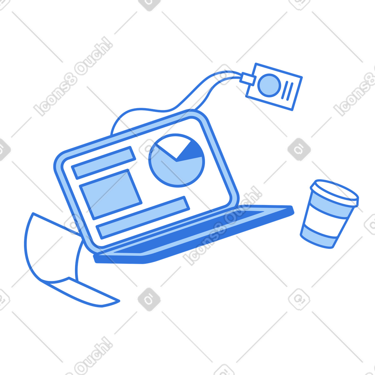 Büroartikel: laptop mit infografiken, badge und coffee to go-Illustration im Sky-Stil als Download in PNG, SVG