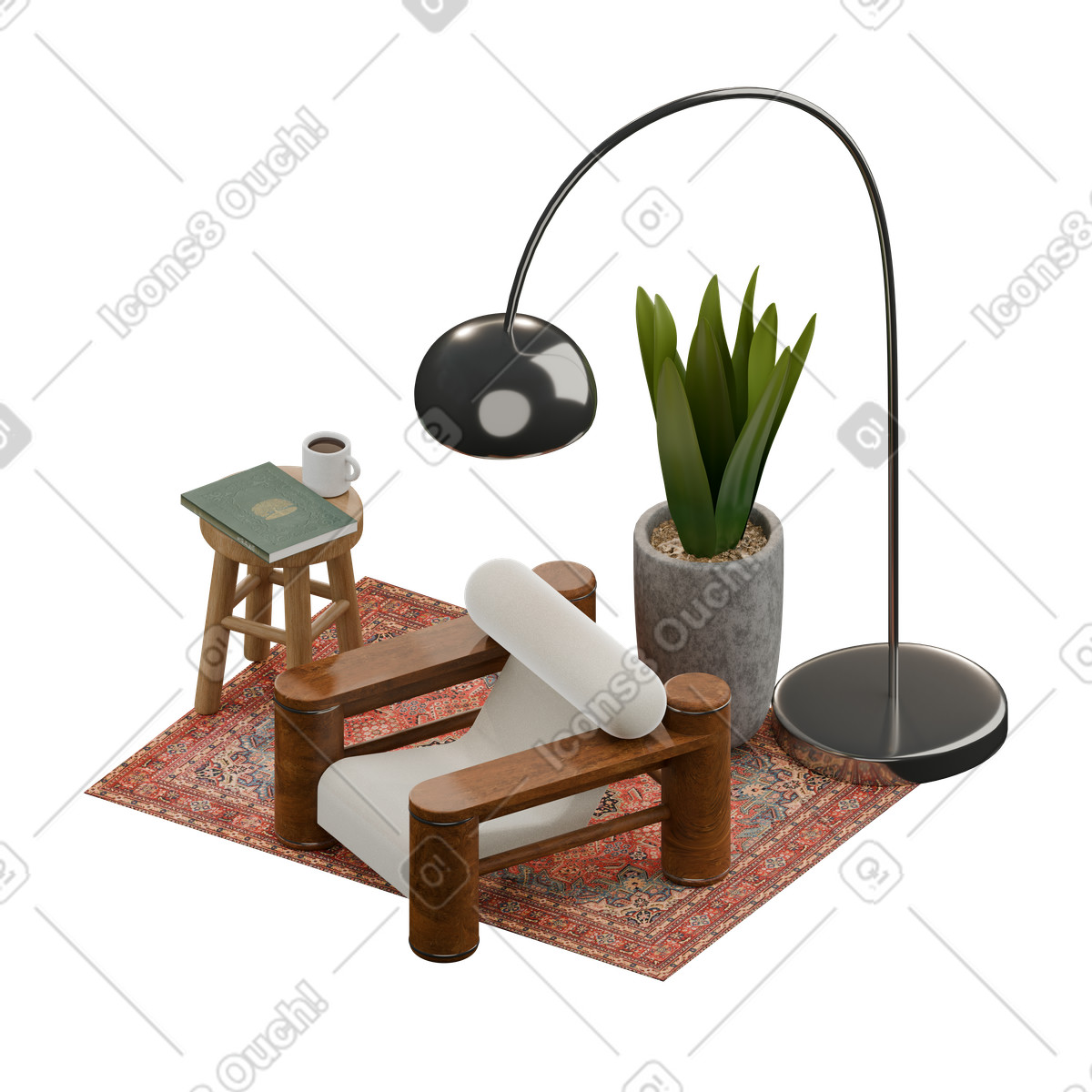 Isometric armchair with floor lamp and coffee table illustration in 3D Rooms style download in PNG, SVG