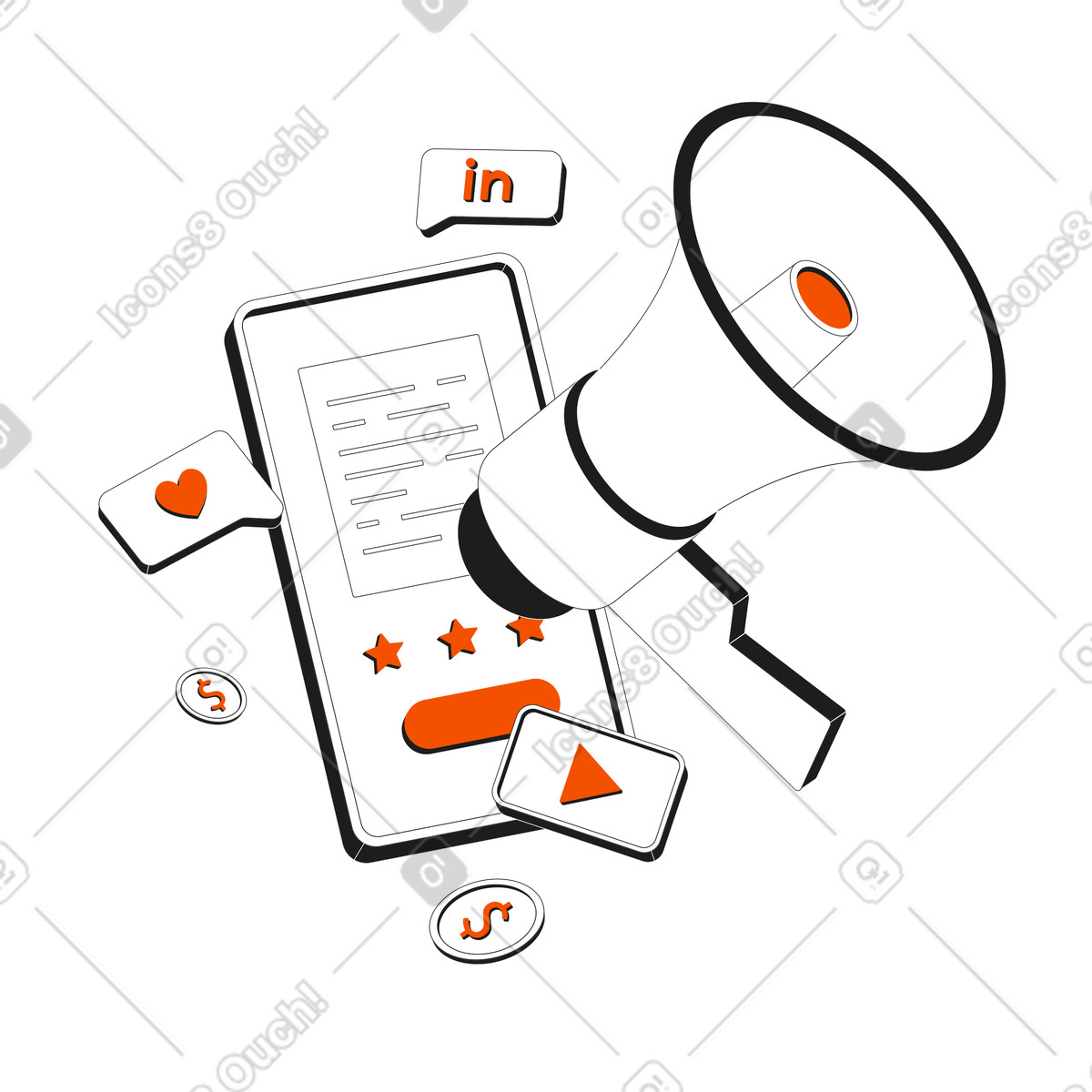 Loudspeaker and phone for digital outreach, Online marketing communication illustrazione in stile Strict scarica in PNG, SVG