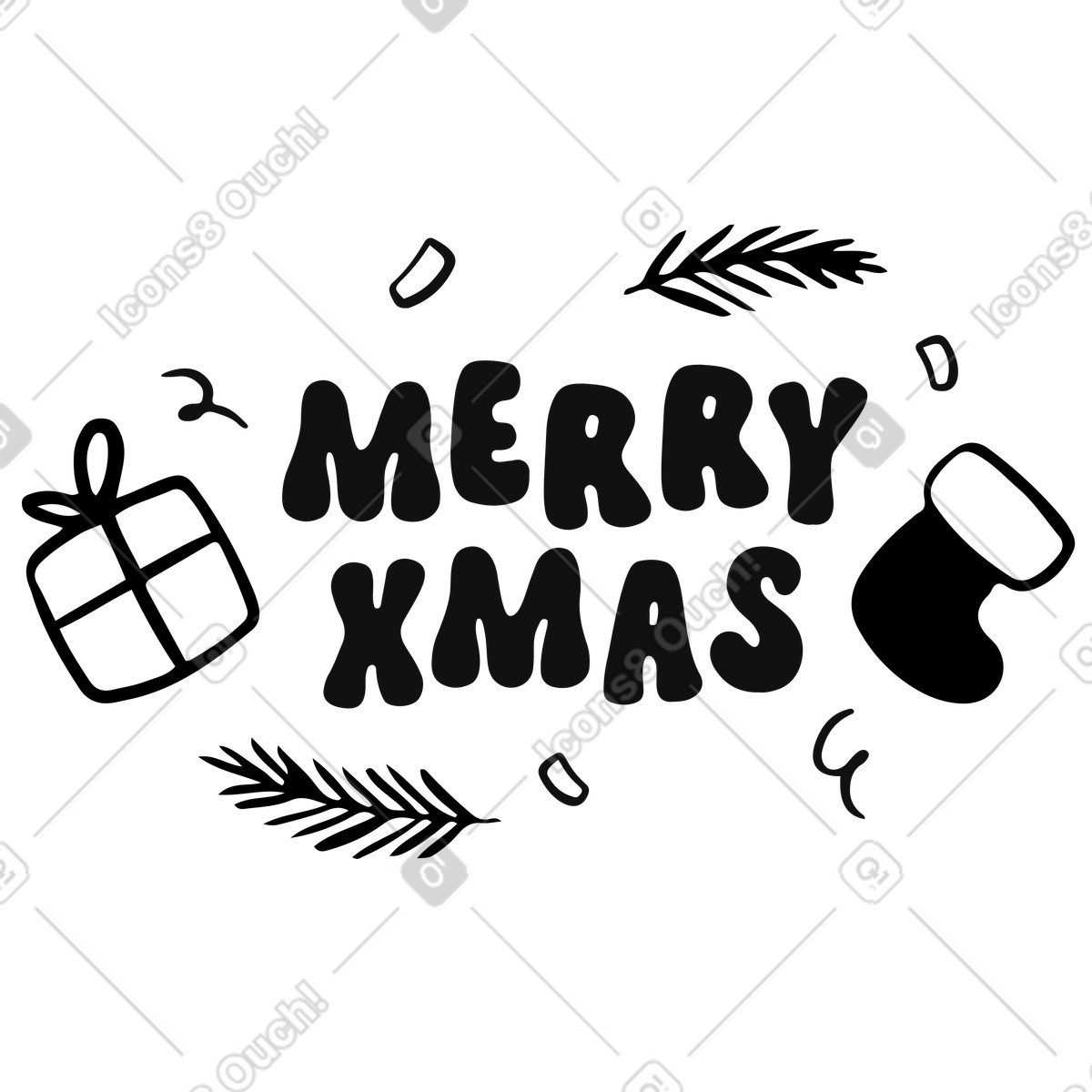 Merry Xmas lettering with gift box and Christmas stocking illustration in Journal style download in PNG, SVG