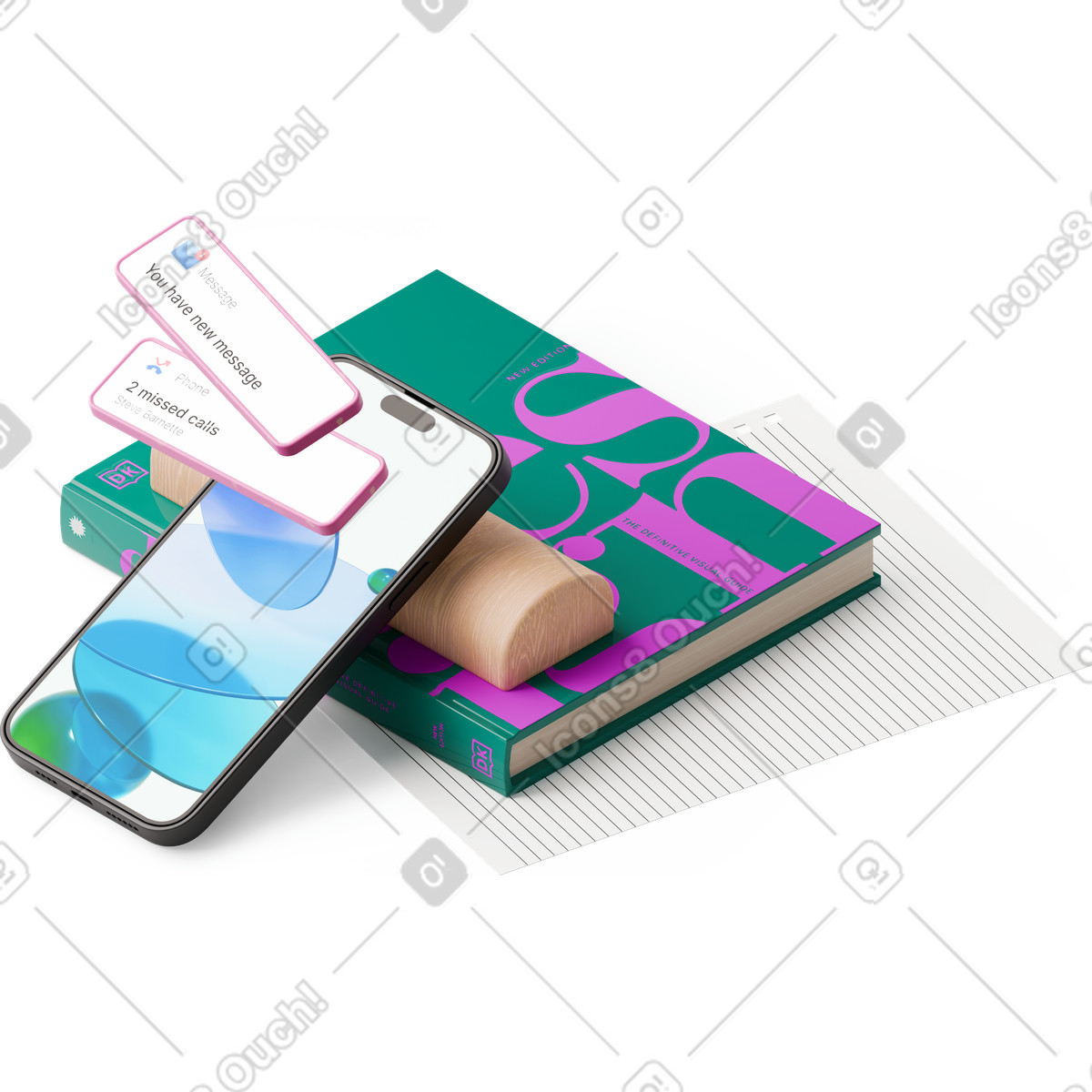 Illustration Vue isométrique d'un ordinateur portable, d'une feuille de papier et smartphone avec notifications dans le style 3D Hygge à télécharger aux formats PNG, SVG