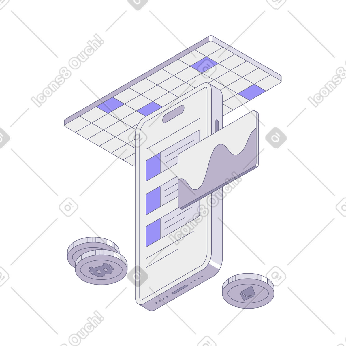 Smartphone displaying financial analytics, Crypto trading and market trends illustrazione animata in stile Modul scaricabile in GIF, Lottie (JSON), AE