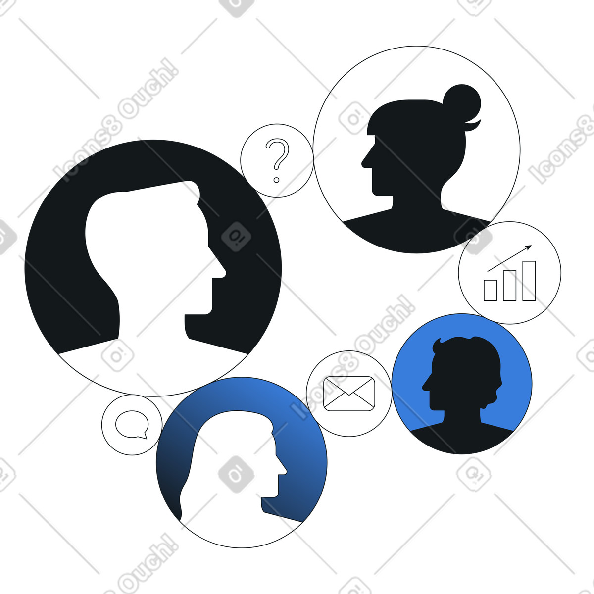 Team-avatare mit analyse- und chat-symbolen, zusammenarbeit von kollegen geschäftskommunikation-Illustration im Midnight-Stil als Download in PNG, SVG