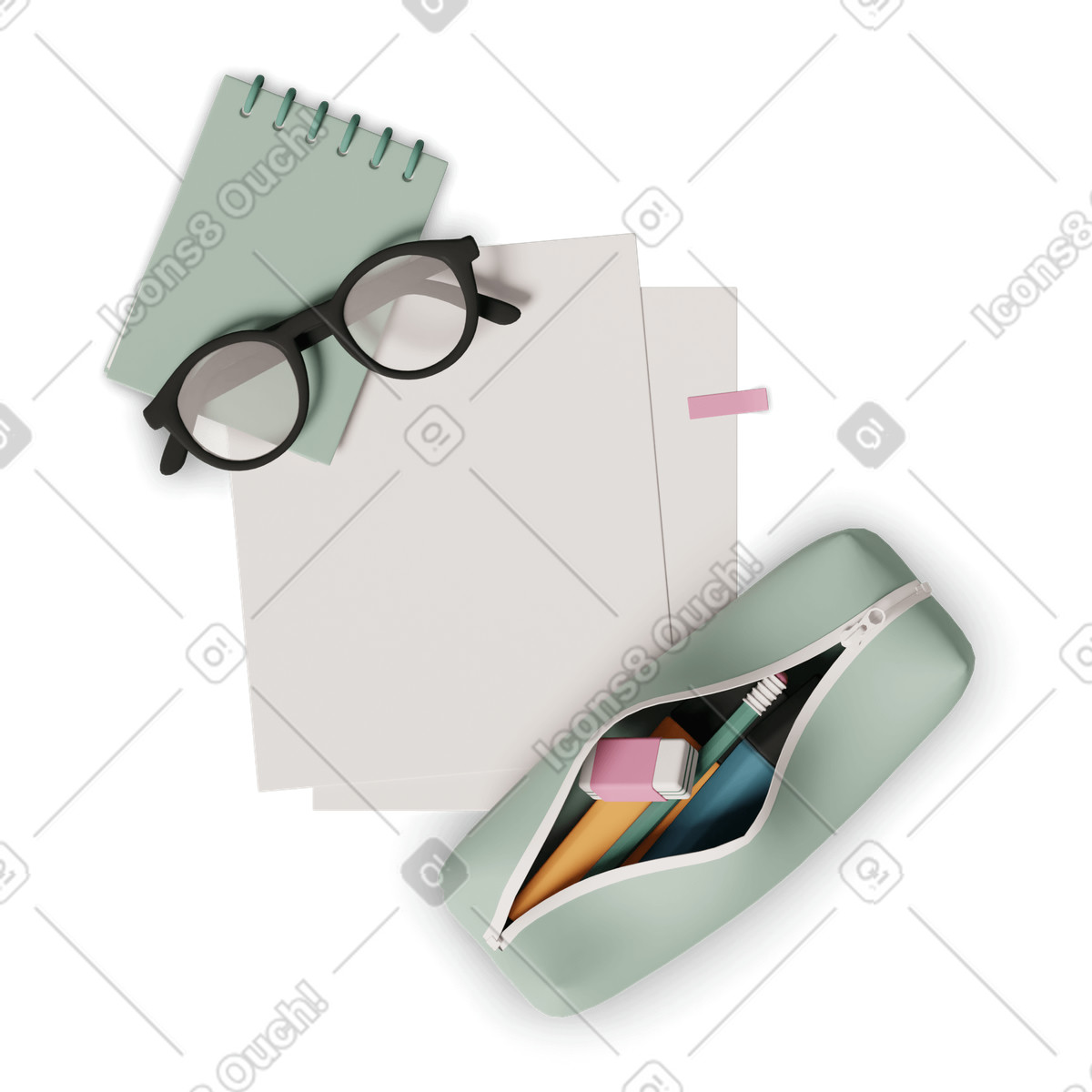 Pencil case notepad glasses and papers illustration in 3D Casual life style download in PNG, SVG