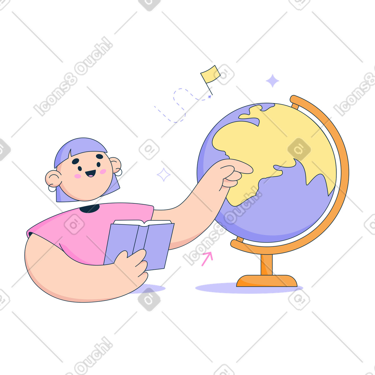 Woman studies geography with book and globe illustration in Bubble gum style download in PNG, SVG