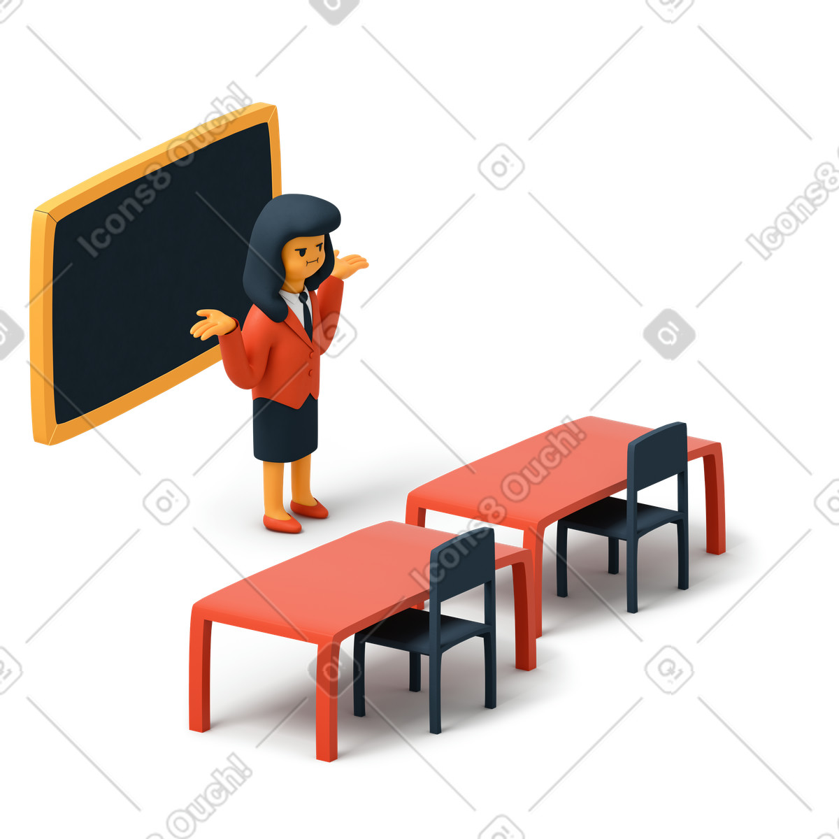 Illustration Enseignant dans une salle de classe vide levant les mains le style 3D Flame à télécharger aux formats PNG, SVG