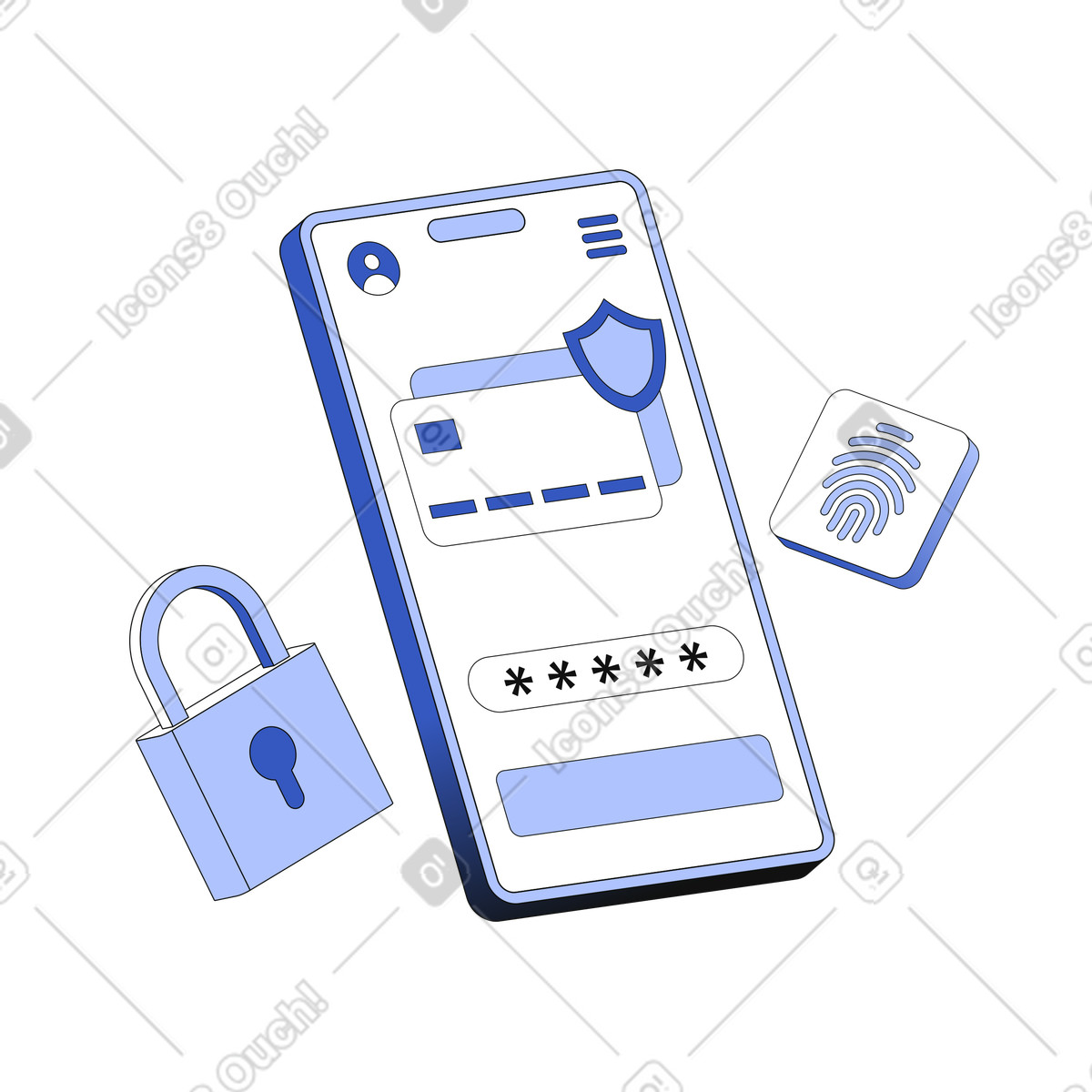 Illustration Sécurité bancaire mobile et protection des finances personnelles dans le style Techny à télécharger aux formats PNG, SVG