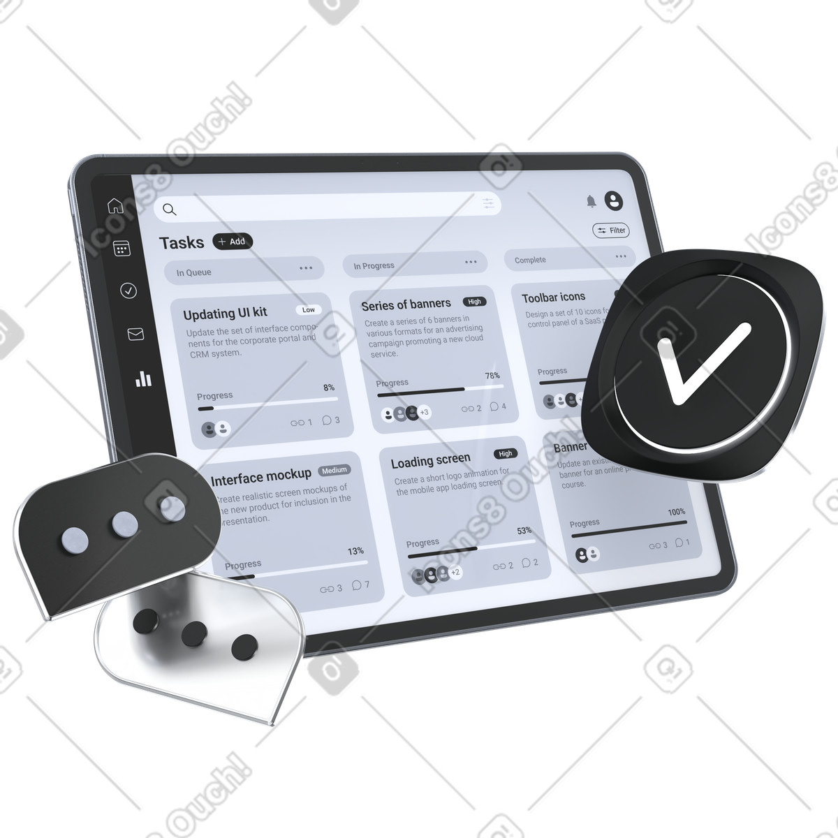Project management approval, Task completion confirmation, Workflow collaboration tool illustration in 3D Pro style download in PNG, SVG