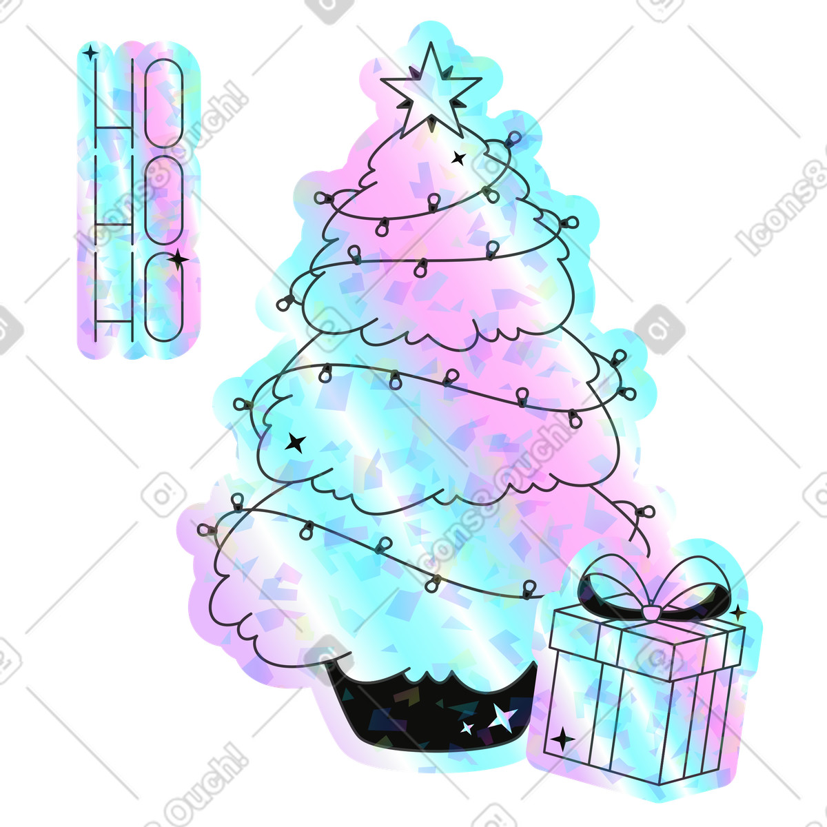 下载 Holostickers 风格的 圣诞树和礼物与 ho 插画，支持 PNG、SVG 格式