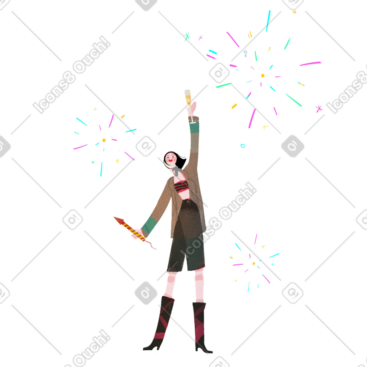 Fabulous スタイルの 花火とシャンパンを持って祝う女性 のイラストをPNG、SVG形式でダウンロード