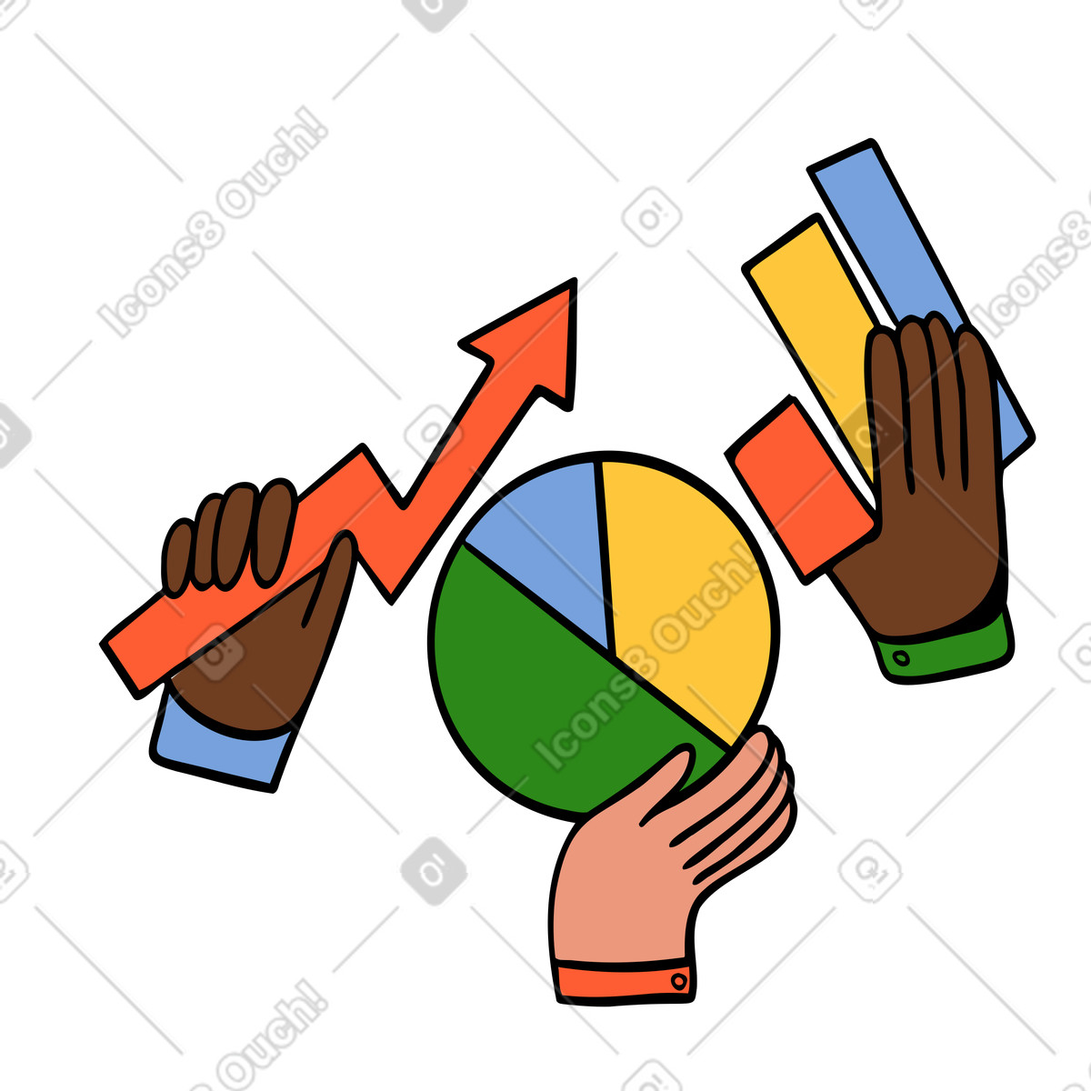 Hands holding different charts-Illustration im Comic-Stil als Download in PNG, SVG