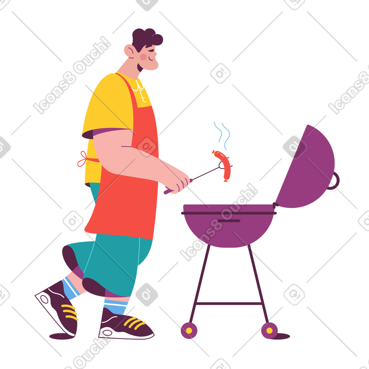 Cook with apron grilling sausage on barbecue, food preparation and outdoor party illustrazione in stile Sammy scarica in PNG, SVG