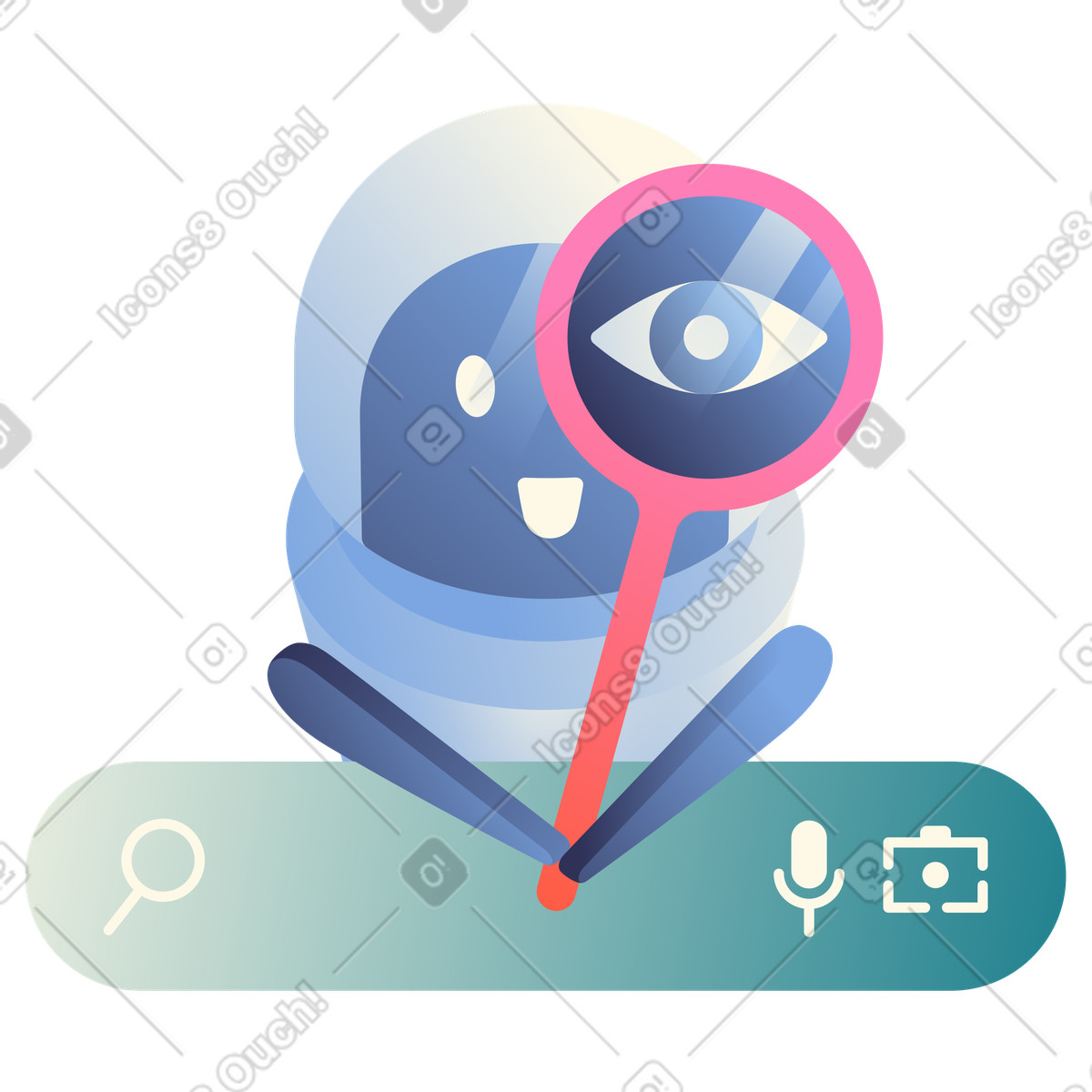 Cute AI bot with magnifying glass, search assistant illustration in Beam style download in PNG, SVG