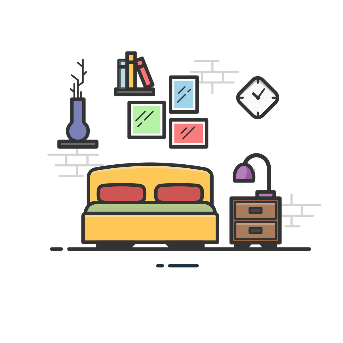 Ilustración Minimalist bedroom with wall decor, home interior and sleep environment en estilo Gummy a descargar en PNG y SVG