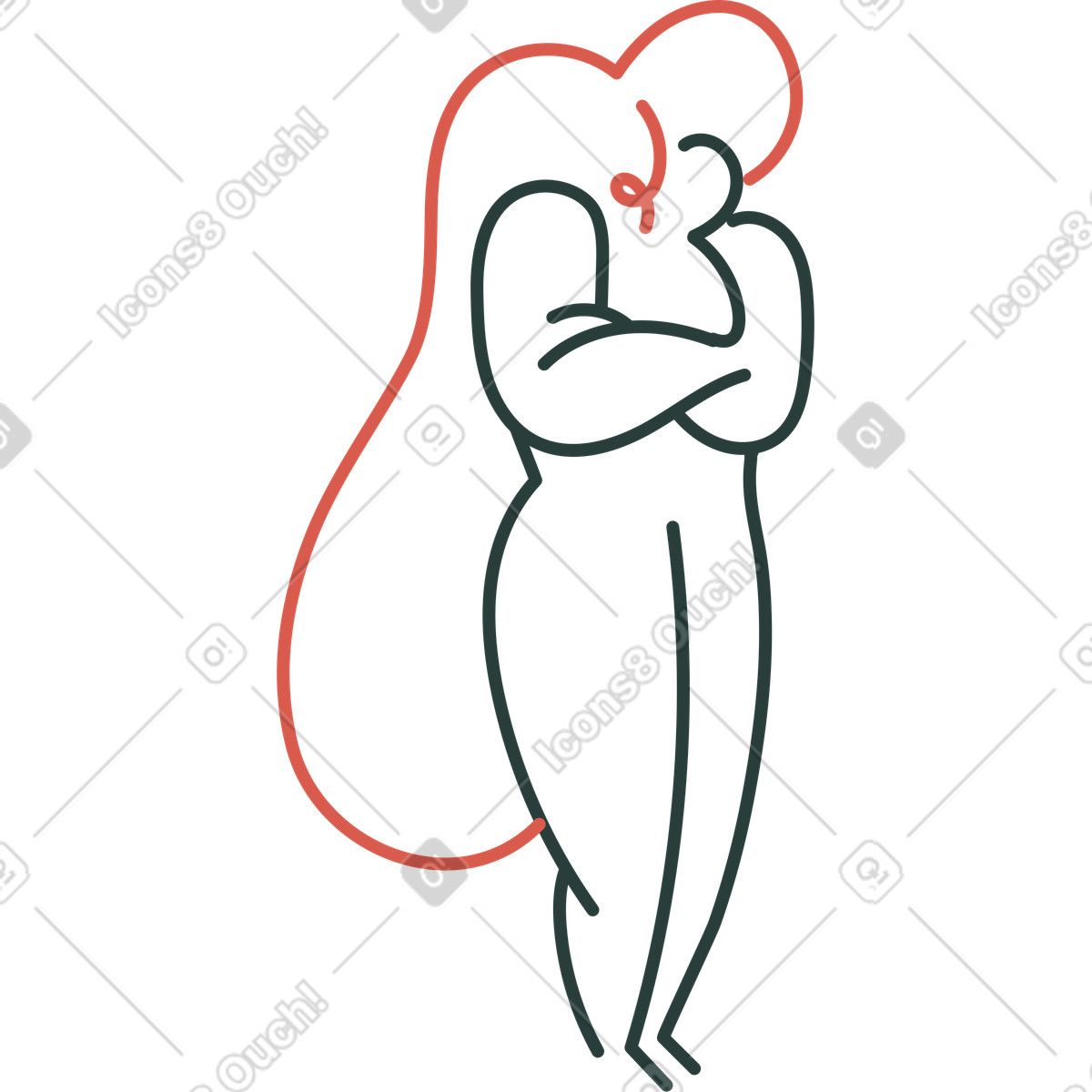 Abstract human figure with long hair and crossed arms illustration in Macaroni style download in PNG, SVG