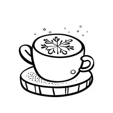 A coffee cup filled with latte sitting on a wooden table. The surface of the latte is decorated with intricate "frosty snowflake" designs. There are small droplets of condensation on the side of the cup. A sprinkle of cocoa powder is visible around the rim of the cup, adding texture.