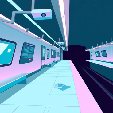 A high-tech security camera mounted on a steel beam, overlooking an empty subway platform. The platform is illuminated by overhead fluorescent lights, casting stark shadows on the tiled floor. There are modern digital signs displaying train schedules, and the walls feature sleek, minimalistic advertisements. The perspective captures the length of the platform, emphasizing its emptiness, with metal benches and a few scattered, discarded newspapers. In the distance, the dark tunnel entrance looms, hinting at the subway tracks that disappear into the shadows.