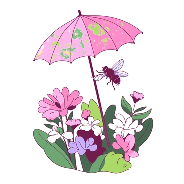 A small fly with iridescent wings is delicately grasping a colorful parasol with its legs. The parasol is patterned with intricate floral designs and is opened wide, providing shade. The fly is floating leisurely above a vibrant garden filled with various blooming flowers in different sizes and colors. There are soft green leaves surrounding the flowers, and a gentle breeze is making the parasol sway lightly. The sunlight casts subtle shadows among the petals and leaves in the garden below.