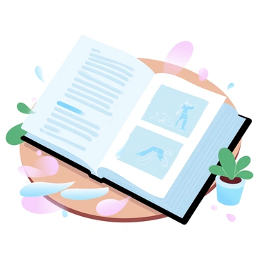 An open book is positioned on a wooden table, its pages revealing detailed text about wrist care tips and exercises for pain relief. One page showcases bullet points highlighting various care techniques, while another displays illustrations demonstrating specific exercises. Next to the book is a small potted plant, adding a touch of greenery to the scene. The light gently casts shadows across the table, enhancing the texture of the wood.