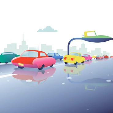 A busy highway is filled with various hovering vehicles of different shapes and sizes, including sleek cars and larger transport pods. Each vehicle is casting colorful reflections on the wet asphalt below, with a spectrum of hues from vibrant reds to deep blues and bright yellows. The grey sky overhead adds a dramatic contrast to the scene, while droplets of water on the pavement glisten, enhancing the vividness of the reflections. In the background, there are blurred outlines of city buildings, adding depth to the busy urban environment.