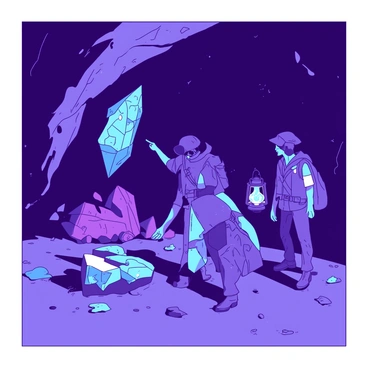 A group of adventurers is navigating through a dark underground cavern illuminated by vibrant glowing crystals. The cavern walls are adorned with various sizes of crystals, emitting a soft blue and purple light that casts intriguing shadows. The adventurers, wearing rugged exploration gear, are gathered around a particularly large crystal that stands out among the others. One adventurer is kneeling beside the crystal, examining it closely, while another points towards an intricate crystal formation on the wall. A third member is holding a flickering lantern, its warm light contrasting with the cool glow of the crystals. In the background, the cavern extends deeper into darkness, hinting at undiscovered secrets waiting to be explored.