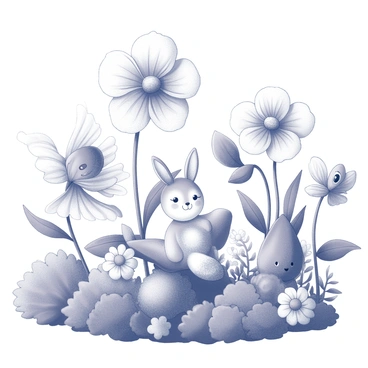 A garden filled with oversized flowers in various shapes and sizes. The flowers have intricate petal patterns and are arranged in clusters across the scene. Whimsical creatures are present, such as a small dragon with delicate wings perched on a leaf and a rabbit with large expressive eyes peeking from behind a flower. The scene is lively, with motion suggested by the fluttering wings and the positioning of the creatures among the flowers. Various plants and foliage add depth to the garden, creating a vibrant and dynamic composition.