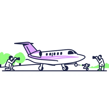 A private jet is landing on a runway, its wheels just a few feet above the ground. The jet's sleek design and large windows are prominently visible. On the sides of the runway, several photographers are positioned, holding cameras with long lenses aimed at the jet. They are crouched low, focused on capturing the perfect shot. A few trees line the runway in the background, and a clear sky is overhead, emphasizing the moment. The sun casts shadows on the runway, highlighting the details of the scene.