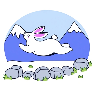 A rabbit with fluffy white fur and long ears is mid-air as it jumps across a series of gray rocks. The rocky terrain is rugged and uneven, scattered with patches of green grass. In the background, there are tall, majestic mountains with snowy peaks that glisten under a clear blue sky. The scene captures the rabbit in action, showcasing its agility against the dramatic mountainous landscape.