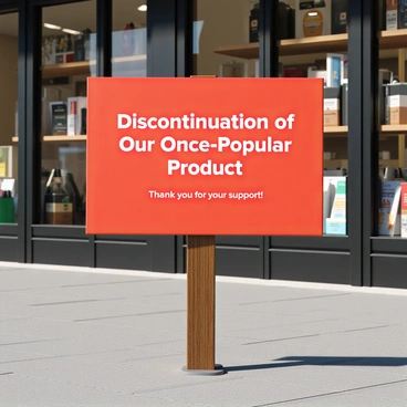A store sign with a rectangular shape, prominently displaying the message "Discontinuation of Our Once-Popular Product" in bold, eye-catching font. The background of the sign is a bright red color, signaling urgency. Below the main message, there is a smaller text that reads "Thank you for your support!" in white letters. The sign is mounted on a wooden post, standing outside a retail store with glass windows reflecting the surroundings. Various products can be seen peeking from the windows, creating a contrast with the sign.