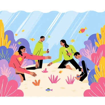 A group of marine biologists wearing wetsuits and snorkeling gear is carefully planting small coral fragments into a vibrant underwater reef. The scene is filled with colorful coral formations in shades of pink, purple, and orange. Various fish swim among the corals, with tropical species like clownfish and angelfish adding splashes of color. Sunlight filters through the water, creating shimmering patterns on the sandy seabed below. The biologists are using small tools to anchor the coral, ensuring their growth in this thriving marine environment.