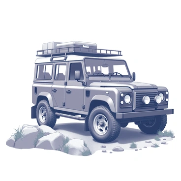 A Range Rover parked on a rugged terrain. The vehicle is equipped with various off-road gear, including a roof rack loaded with equipment such as tents, sleeping bags, and a sturdy cooler. The tires are large and designed for rough surfaces, and the body of the Range Rover is gleaming under the sunlight. The surrounding landscape features rocky outcrops and patches of grass, indicating a wild environment that is perfect for a weekend adventure.