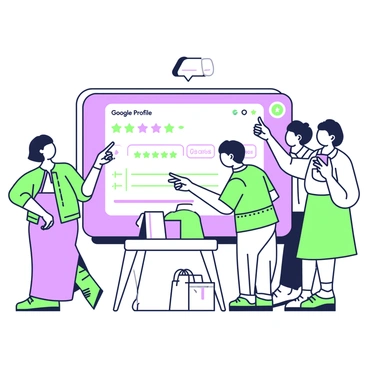 A group of customers is gathered around a large screen displaying a Google profile for a business. Some of them are pointing at the screen with expressions of interest. One customer is holding a smartphone and is tapping the screen, while another is leaning closer to read the reviews. In the background, a third customer is giving a thumbs-up gesture. The Google profile shows star ratings prominently, accompanied by icons representing likes and shares. The setting is a bright, welcoming space, with a small table holding branded merchandise nearby.