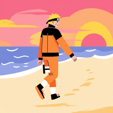 Naruto is walking along a beach with soft, golden sand, showcasing his signature orange and black outfit. The sky is filled with vibrant hues of orange, pink, and purple as the sun sets on the horizon. Each step he takes leaves distinct footprints behind him, gently imprinted in the sand. In the background, gentle waves lap at the shore, creating a serene atmosphere that complements the colorful sunset.