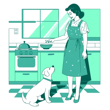 A teal 1950s housewife is standing in a tidy kitchen, smiling as she feeds her small white dog from a bowl. The kitchen has pastel-colored cabinets and a checkered floor, enhancing the vintage atmosphere. The housewife is wearing a polka dot dress, with an apron tied around her waist. Sunlight streams through a window, illuminating the scene and casting gentle shadows. The dog eagerly anticipates the food, sitting beside the housewife's feet.