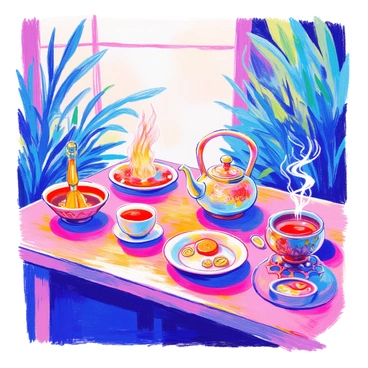 A traditional tea ceremony is taking place in a serene environment. A wooden table is set with a delicate teapot that has intricate designs. Steam rises gracefully from the hot tea, creating soft wisps in the air. Flames flicker gently from a small, decorative brazier placed beside the table, casting light on the scene. Various tea utensils, including a tea cup and a small dish for snacks, are arranged neatly on the table. The surrounding area features lush greenery, subtly complementing the peaceful atmosphere.