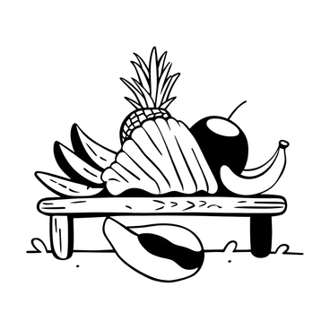 A conch shell placed prominently on a wooden table. Surrounding the conch shell, there are several tropical fruits, including a pineapple, a coconut, and ripe bananas. The surface of the wooden table is textured, showing grain patterns. Shadows are gently cast around the fruits and the shell, creating a sense of depth in the composition.