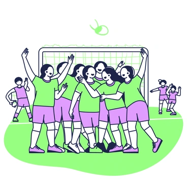 A soccer team is celebrating after scoring a goal on a vibrant field. The players are clustered together, their faces displaying happy expressions. They have their arms raised in excitement. The players are wearing matching uniforms consisting of jerseys and shorts. In the background, a goalpost is visible, surrounded by a green field. A few spectators can be seen in the distance, cheering amidst a colorful atmosphere. The sky above is clear, adding to the lively scene.
