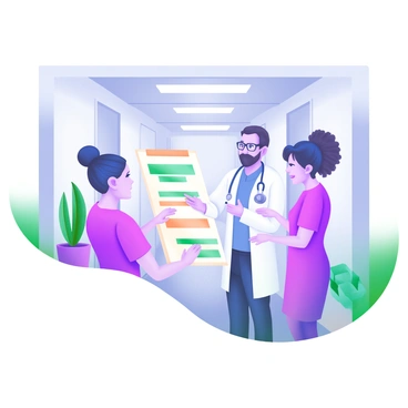 A hospital corridor featuring a group of three doctors engaged in discussion. The first doctor, a woman with dark hair tied in a bun, holds a medical chart with a focused expression. The second doctor, a man with glasses, gestures with his hand while looking at the chart. The third doctor, a woman with curly hair, stands beside them, also examining the chart. The corridor is brightly lit with light gray walls and a few potted plants at the sides, creating a professional and organized atmosphere.