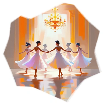 A grand old-fashioned ballroom is illuminated with soft, warm lighting, casting a gentle glow on the ornate chandeliers hanging from the ceiling. The floor is polished wood, reflecting the light and creating a sense of depth. In the center of the ballroom, several spectral figures are engaged in a graceful dance. These ethereal beings appear translucent, with flowing garments that swirl and shimmer as they move. Their faces are serene, embodying a sense of joy as they twirl and glide across the floor, leaving a faint trail of light in their wake. The walls are adorned with intricate moldings and velvet drapes, enhancing the elegance of the scene. The atmosphere is filled with a sense of enchantment and timelessness.