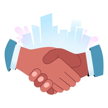 Two hands are shaking firmly, symbolizing a business agreement. The hands are positioned in the center of the image, showcasing detailed textures of the skin and nails. In the background, a city skyline is visible, featuring tall buildings with varying shapes and sizes. The skyline is rendered in gradient pastel colors, creating a harmonious visual contrast with the hands in the forefront. The overall composition conveys a sense of professionalism and collaboration.