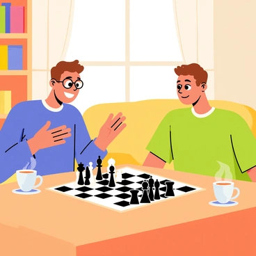 Two friends are sitting across from each other at a wooden table with a chessboard set in the middle. The chessboard has intricate black and white pieces arranged in a mid-game position. One friend, wearing glasses and a blue sweater, is animatedly gesturing with his hands, while the other friend, dressed in a green t-shirt, leans forward with an intense expression. The living room is warmly lit, featuring a bookshelf filled with colorful books, a plush sofa in the background, and a window with soft curtains letting in gentle light. A steaming cup of tea is placed next to the chessboard, adding to the cozy atmosphere.