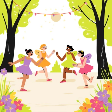 A group of small faeries with delicate wings, each wearing colorful dresses made of petals, are joyfully dancing in a circle. The faeries have sparkling, bright eyes and are smiling as they move gracefully. Above them, a canopy of twinkling lights hangs between tall trees, casting a warm glow on the scene. The clearing is illuminated by the soft light of a full moon, creating gentle shadows. Various flowers bloom around the edges of the clearing, adding vibrant colors to the setting. The atmosphere is lively and enchanting, filled with a sense of magic.