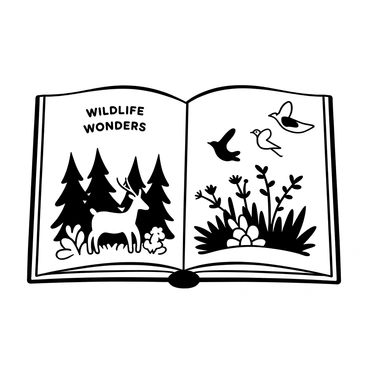 An open magazine with two pages featuring intricate black-and-white illustrations of various wildlife and plants. On the left page, there is a detailed depiction of a majestic deer standing amidst a forest of tall trees, with ferns and bushes surrounding it. On the right page, several birds are illustrated in flight above a variety of blooming flowers and sprawling vines, showcasing the diversity of nature. The words "Wildlife Wonders" are prominently displayed at the top center of the spread.