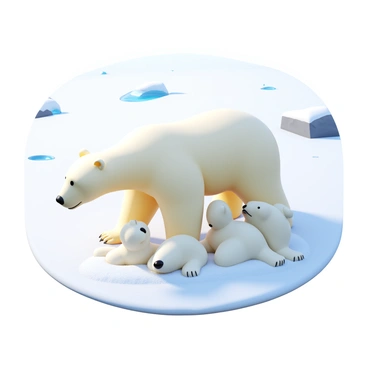A polar bear mother with her cubs playing on a snowy tundra