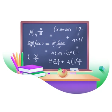 A modern pastel illustration of a classroom blackboard. The blackboard is filled with various mathematical equations and formulas written in white chalk. The equations include algebraic expressions, geometric figures, and calculus derivatives. Surrounding the blackboard are colorful stationery items such as a set of vibrant markers, a stack of textbooks, and an apple. A wooden desk is partially visible in the foreground, enhancing the classroom atmosphere.