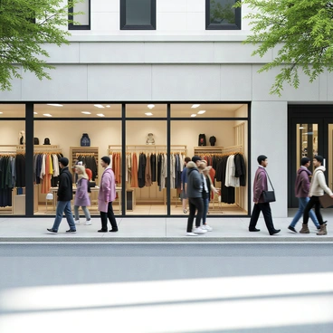 A trendy pop-up store set in a bustling urban environment. The store features a modern facade with large glass windows showcasing an array of designer clothing on stylish mannequins. Inside, there are racks filled with high-end apparel, including colorful dresses and tailored suits, all neatly displayed. The interior is well-lit with contemporary fixtures and minimalistic decor. Outside, pedestrians casually stroll by, some glancing at the store as they pass, while a few are engaged in conversation, adding to the vibrant city atmosphere. The scene captures a lively shopping experience in a dynamic city setting.