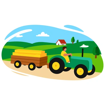 A green tractor pulling a large, wooden trailer filled with neatly stacked bales of golden hay. The tractor has large wheels and a shiny engine, and it is positioned on a dirt path. In the background, there are rolling green fields under a blue sky with fluffy white clouds. A few trees can be seen along the edges of the fields, and a small farmhouse is nestled in the distance, adding to the rural charm of the scene.