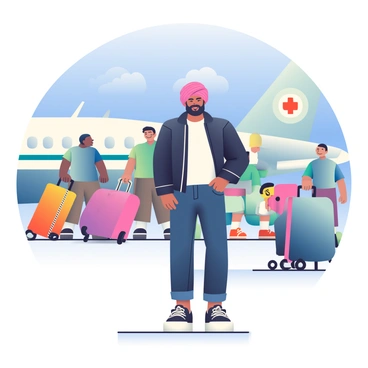 Diljit Dosanjh is standing beside a sleek private jet, preparing to board. He is wearing a stylish black leather jacket over a white t-shirt, paired with dark jeans and trendy sneakers. His signature turban is neatly wrapped, and he has a confident smile on his face. The jet has a glossy exterior with the tail adorned with a distinctive logo. Around him, a small group of crew members are attending to luggage, including vibrant suitcases and a large duffel bag. The runway has a clear blue sky above, with a few fluffy white clouds scattered in the background.