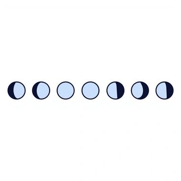 Eight circles representing the phases of the moon are arranged in a horizontal line. Each circle shows a different phase: the first circle displays a new moon, followed by a waxing crescent, a first quarter moon, a waxing gibbous, a full moon, a waning gibbous, a last quarter moon, and finally a waning crescent. Each moon phase is depicted in a minimalistic style, using shades of gray against a white background for contrast. The circles are uniform in size and equally spaced apart, creating a clear and organized appearance.